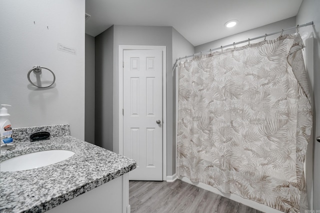 bathroom with wood-type flooring and vanity