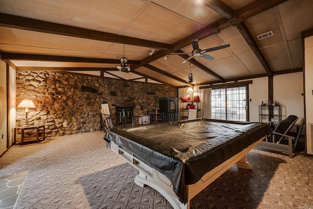 rec room with lofted ceiling with beams, carpet flooring, pool table, wooden ceiling, and ceiling fan