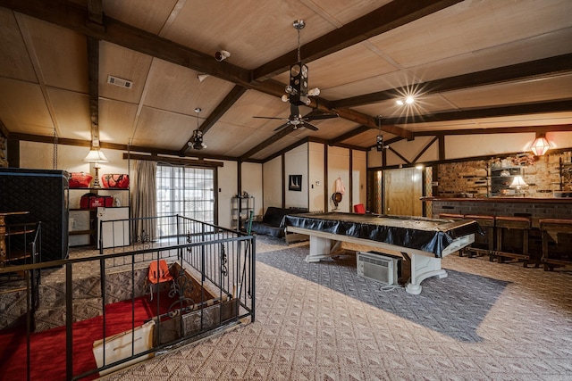 recreation room with ceiling fan, pool table, vaulted ceiling with beams, and carpet