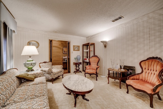 carpeted living room with a textured ceiling