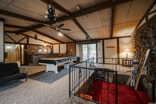 rec room featuring ceiling fan, wood ceiling, vaulted ceiling with beams, and carpet floors