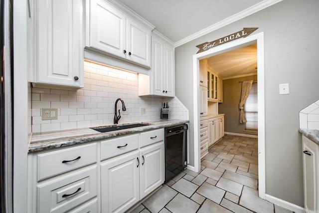 kitchen with sink, ornamental molding, white cabinets, dishwasher, and decorative backsplash