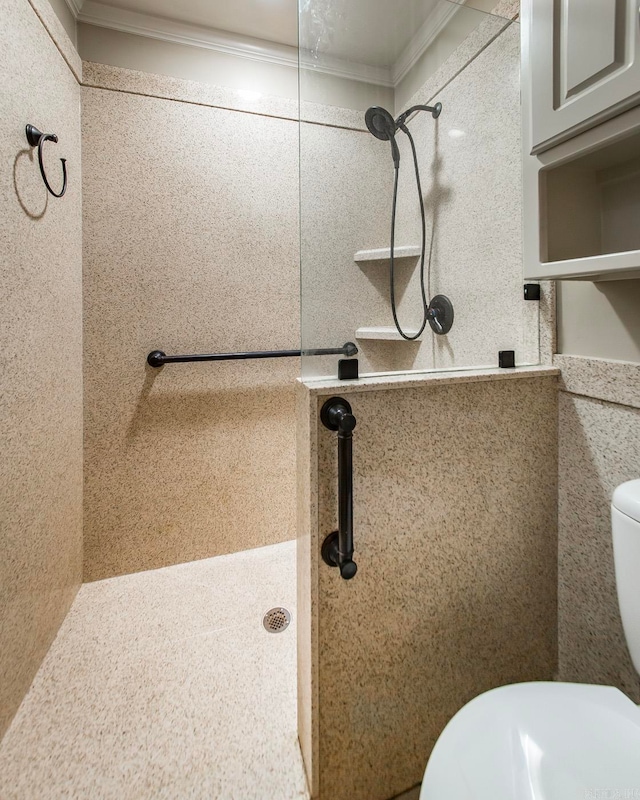 bathroom featuring walk in shower, toilet, and ornamental molding