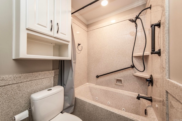 bathroom featuring ornamental molding, toilet, and  shower combination