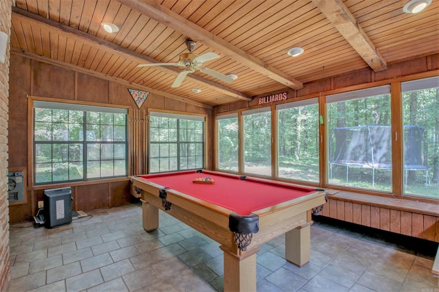 game room with lofted ceiling with beams, pool table, wood ceiling, and wooden walls