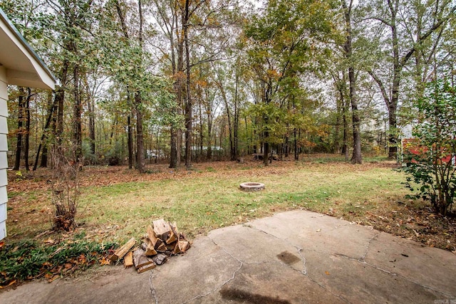 view of yard featuring a fire pit and a patio area