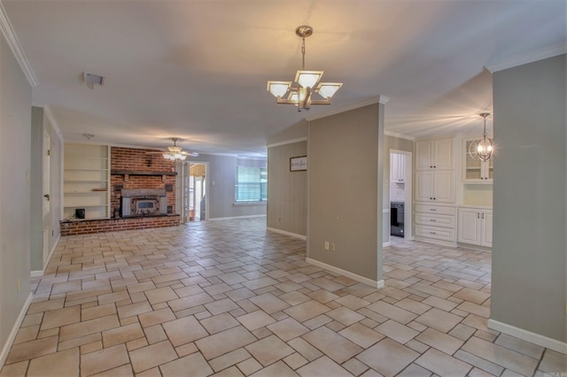 unfurnished living room with a fireplace, ceiling fan with notable chandelier, crown molding, and built in features