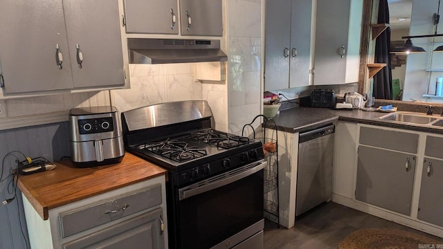 kitchen with gray cabinetry, appliances with stainless steel finishes, sink, and exhaust hood