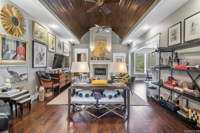 living room featuring a fireplace, dark hardwood / wood-style flooring, wood ceiling, and vaulted ceiling