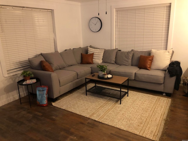 living room with dark wood-type flooring