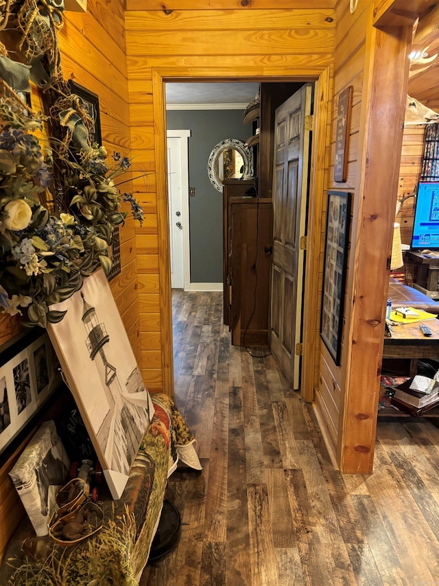 hallway with dark hardwood / wood-style floors and wooden walls