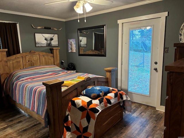 bedroom featuring access to exterior, ornamental molding, dark hardwood / wood-style floors, and ceiling fan