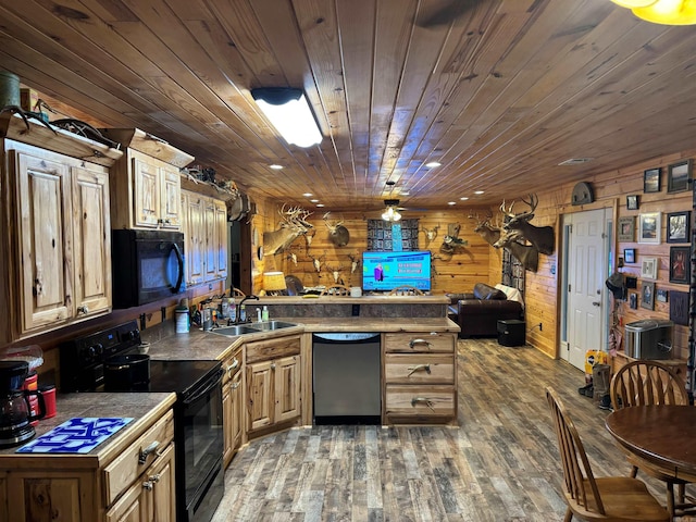 kitchen featuring wooden ceiling, sink, black appliances, dark hardwood / wood-style floors, and wooden walls