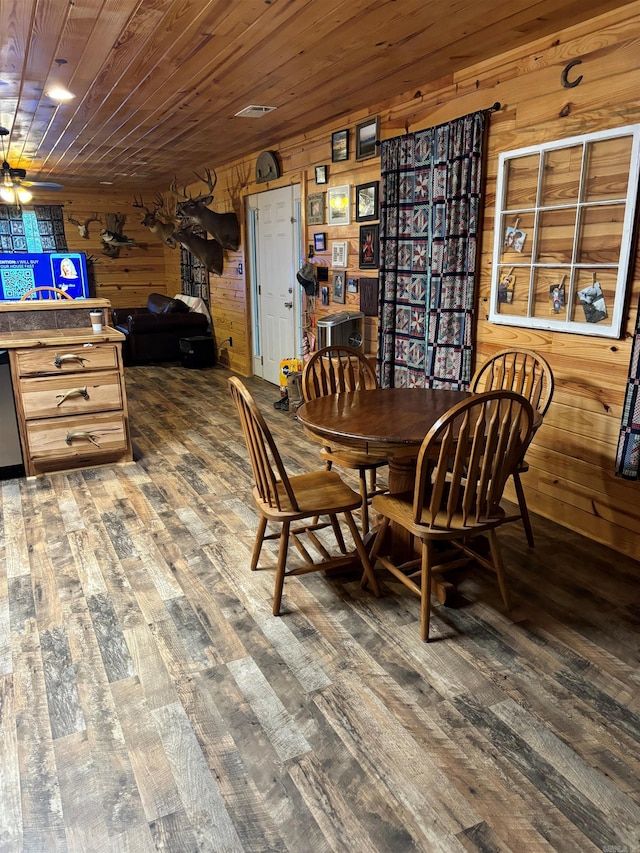 dining room with wood walls, dark hardwood / wood-style floors, ceiling fan, and wooden ceiling