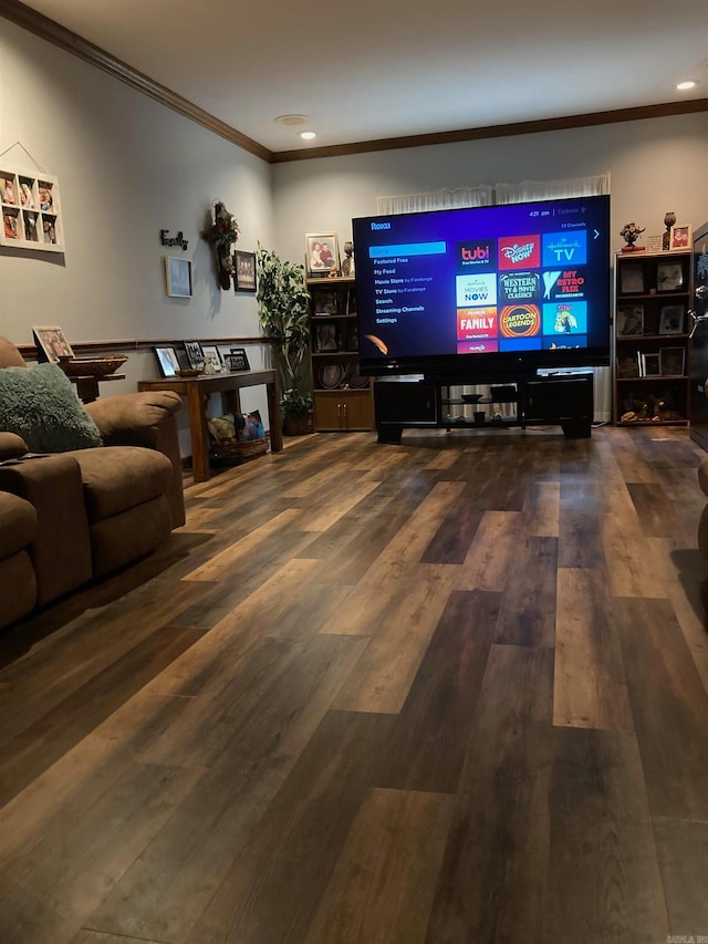 living room featuring ornamental molding and dark hardwood / wood-style floors