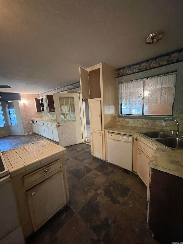 kitchen with white dishwasher, tile counters, plenty of natural light, and sink