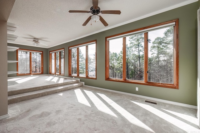 unfurnished sunroom featuring ceiling fan