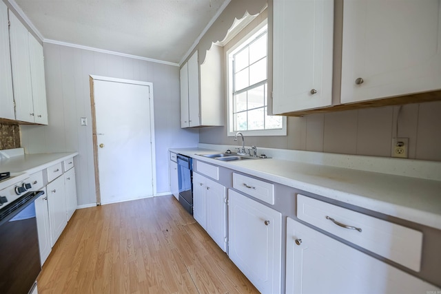 kitchen with white cabinetry, sink, ornamental molding, light hardwood / wood-style flooring, and dishwasher