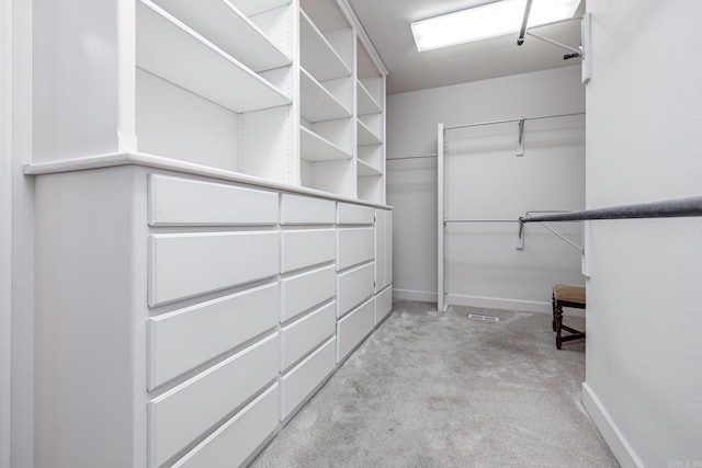 walk in closet with light colored carpet