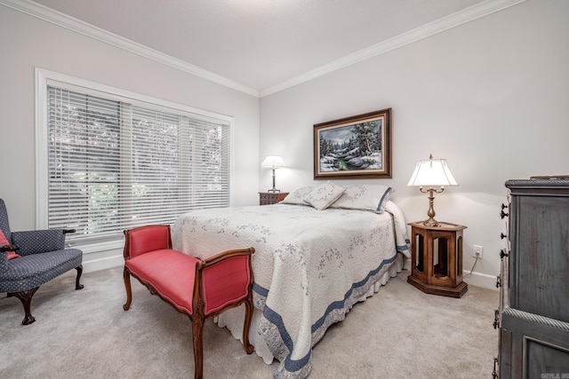 bedroom with light carpet and ornamental molding