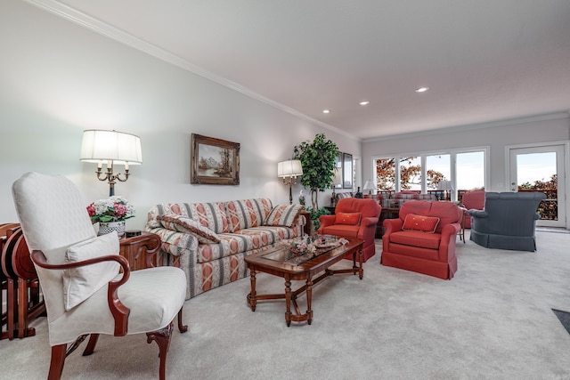 living room featuring light carpet and crown molding