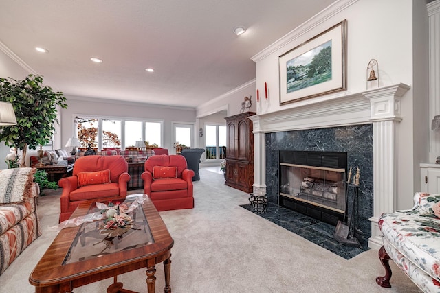 living room with ornamental molding, light colored carpet, and a premium fireplace