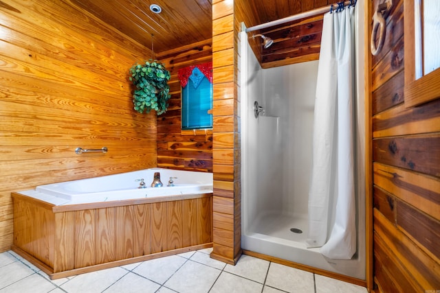 bathroom with wood ceiling, tile patterned flooring, wood walls, and independent shower and bath