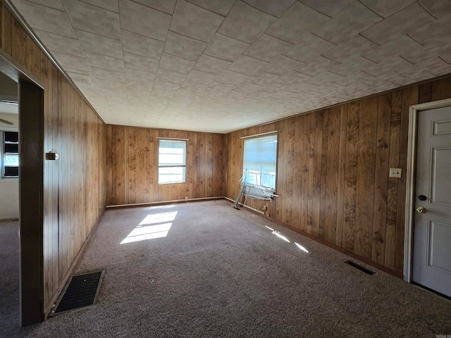 empty room featuring carpet floors and wooden walls