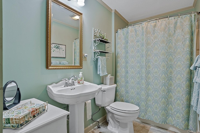 bathroom with toilet, walk in shower, and crown molding