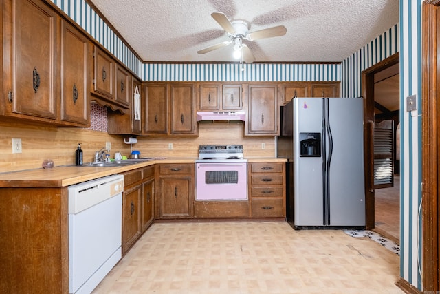 kitchen featuring a textured ceiling, white appliances, sink, and ceiling fan