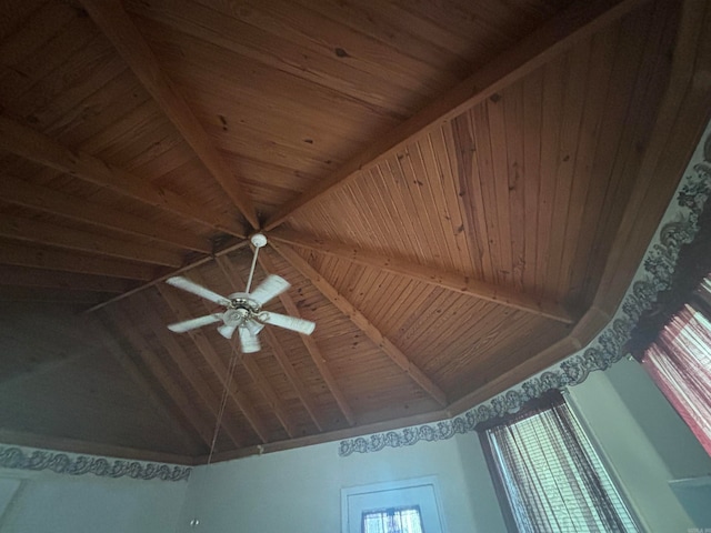 room details with ceiling fan, beam ceiling, and wooden ceiling