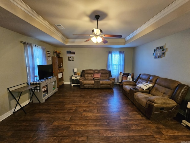 513 Saint Charles Ct, Haskell, AR 72015 - living room featuring a raised ceiling, wood-type flooring, a ceiling fan, ornamental molding, and baseboards