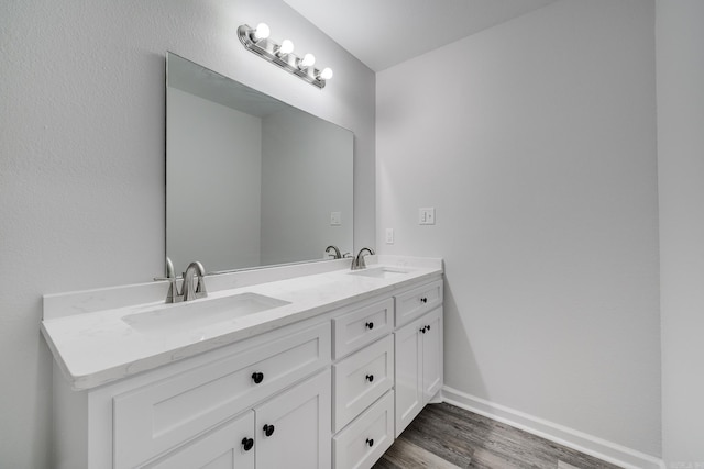 bathroom with vanity and wood-type flooring