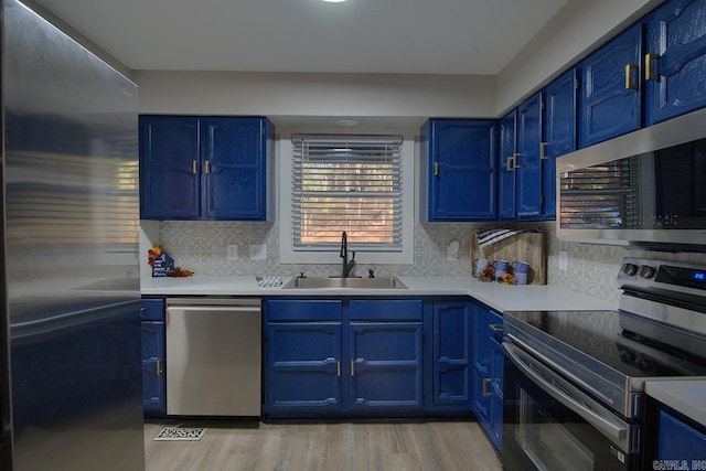 kitchen featuring blue cabinetry, stainless steel appliances, sink, and tasteful backsplash