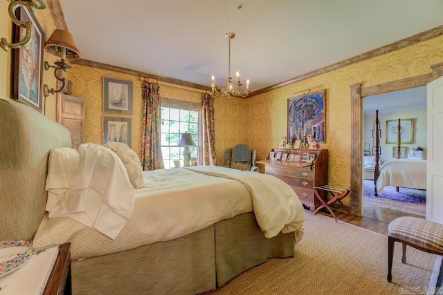 bedroom with crown molding and an inviting chandelier