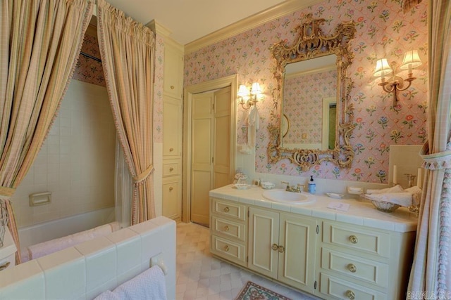 bathroom with shower / tub combo with curtain, vanity, tile patterned flooring, and crown molding