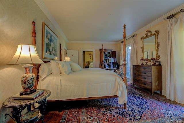 bedroom featuring wood-type flooring and crown molding