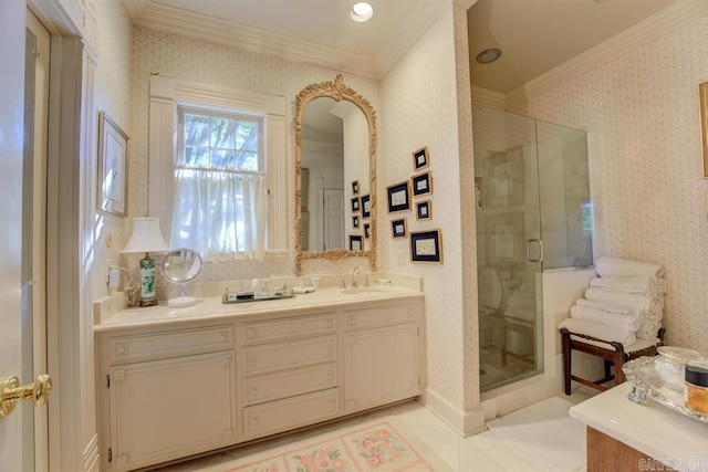 bathroom with walk in shower, tile patterned flooring, ornamental molding, and vanity