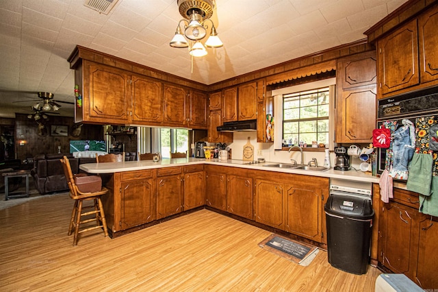 kitchen featuring light hardwood / wood-style flooring, kitchen peninsula, sink, and plenty of natural light