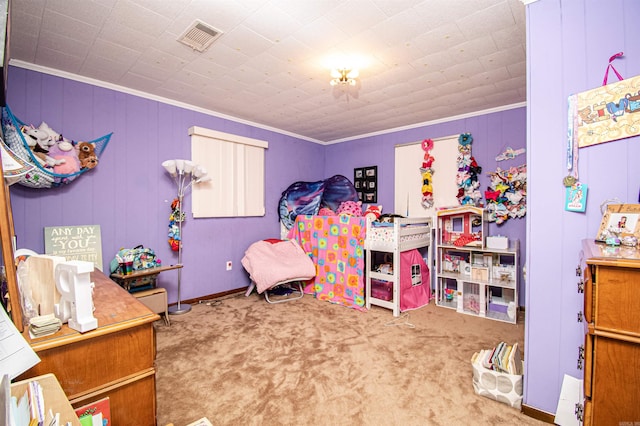 carpeted bedroom with ornamental molding