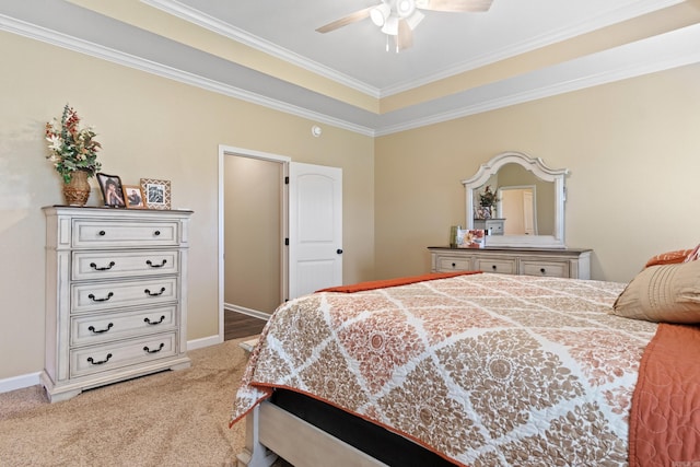 bedroom with ceiling fan, carpet flooring, and ornamental molding