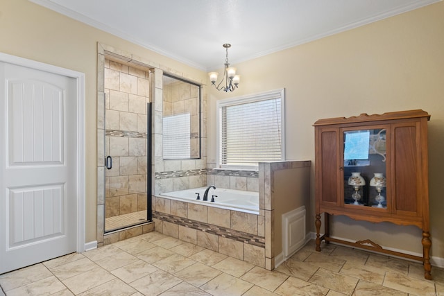 bathroom featuring an inviting chandelier, plus walk in shower, and ornamental molding