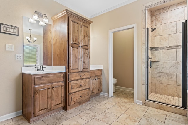 bathroom with ornamental molding, walk in shower, vanity, an inviting chandelier, and toilet