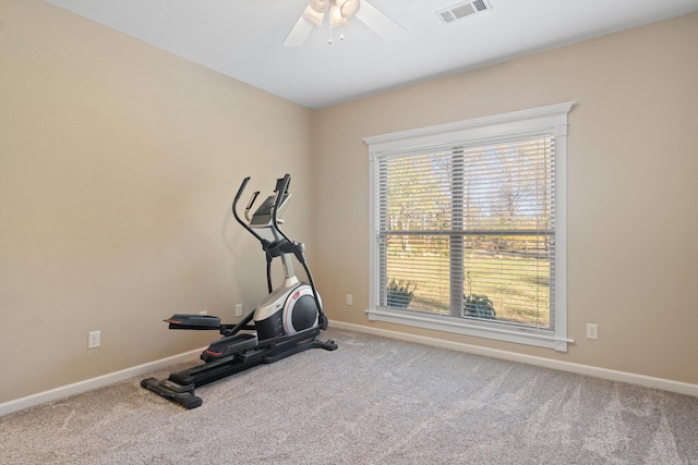 workout room with ceiling fan and carpet floors