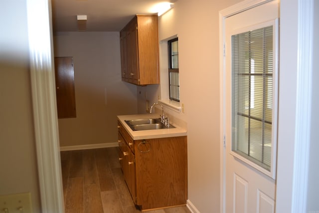 bathroom with hardwood / wood-style flooring and vanity