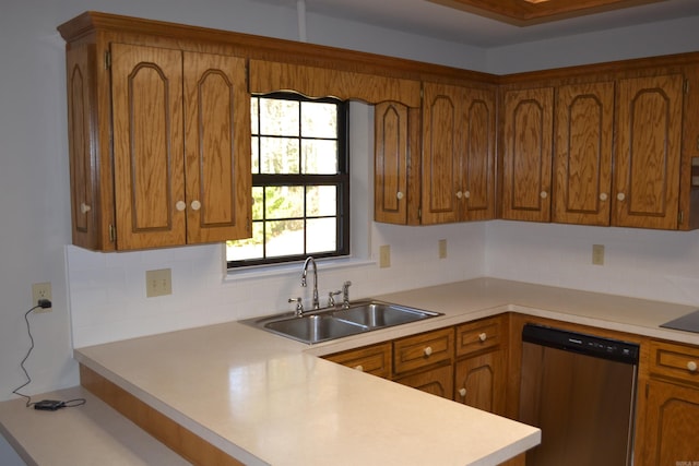 kitchen with decorative backsplash, stainless steel dishwasher, and sink