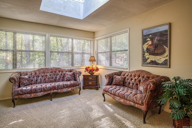 carpeted living room featuring a textured ceiling and a skylight