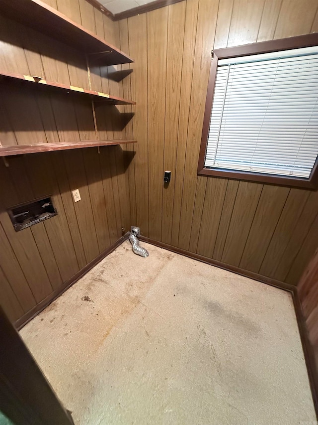 interior space featuring wood walls and carpet