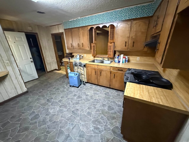 kitchen featuring a textured ceiling, black range with electric stovetop, sink, and exhaust hood