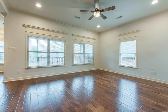 unfurnished room with dark hardwood / wood-style flooring, ceiling fan, and ornamental molding